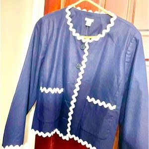 J. Crew ladies jacket. NWT, dark blue with scalloped white trim. Size 16